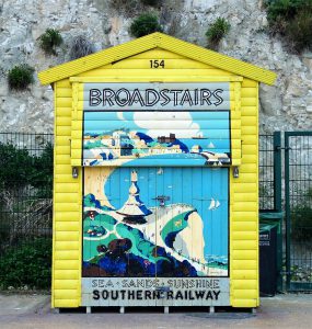 Broadstairs Beach Hut with vintage railway poster design decoration